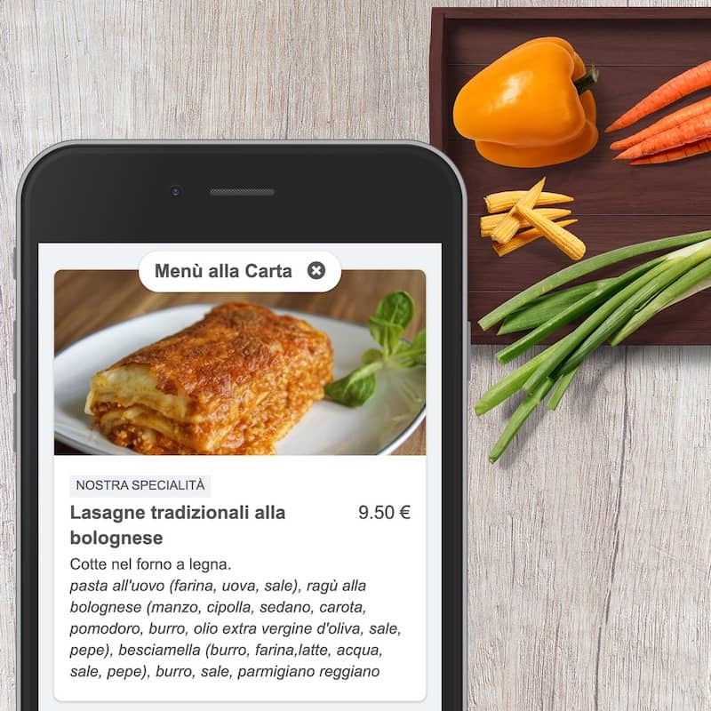 Menu digitale su smartphone con la descrizione di un piatto e i suoi ingredienti