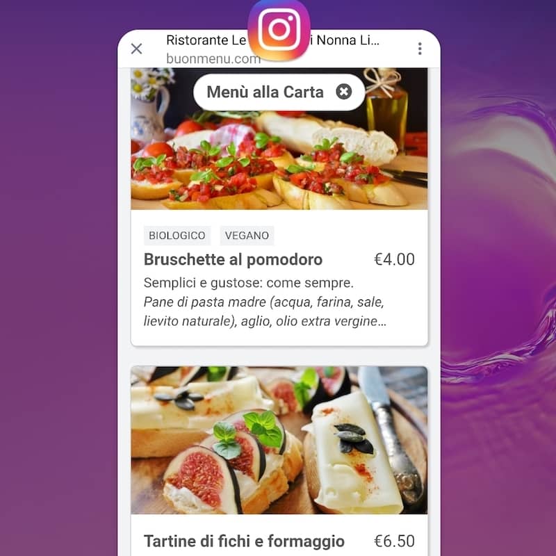 Online menu of a restaurant opened from Instagram